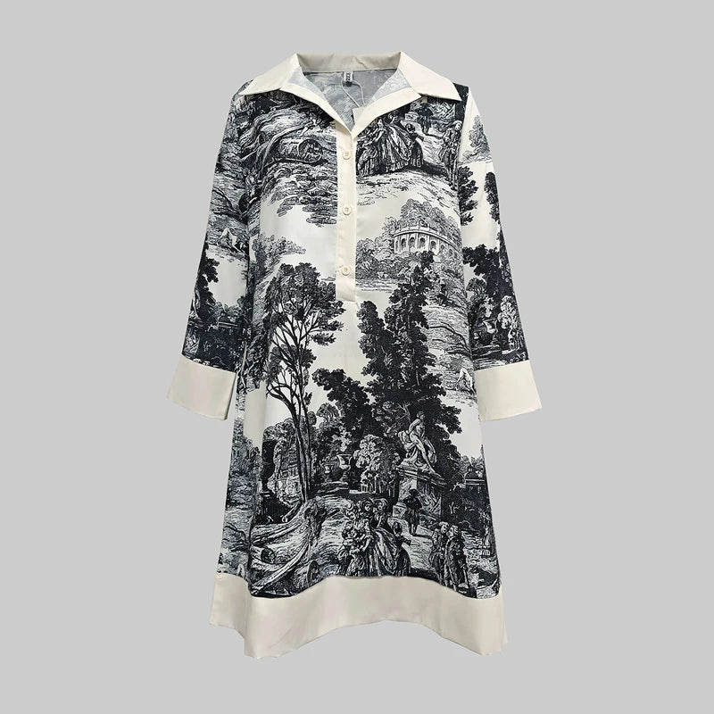 2025 Spring Summer Women Vintage Printed Party Evening Mini Dresses Long Sleeves Loose Lapel Short Shirts Dress