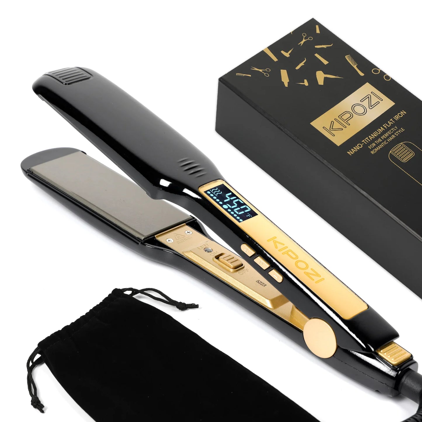 KIPOZI Professional Hair Straightener Titanium Flat Iron with Digital LCD Display Dual Voltage Instant Heating Curling Iron Gift