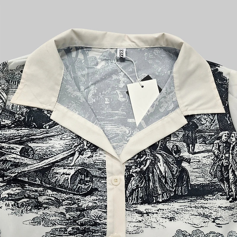 2025 Spring Summer Women Vintage Printed Party Evening Mini Dresses Long Sleeves Loose Lapel Short Shirts Dress