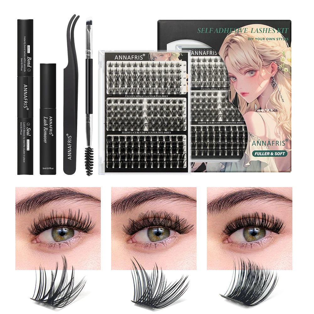 ANNAFRIS DIY Segmented Cluster Lashes Extensions Kit With Bond&Seal Remover Tweezers Individual Lashes Set