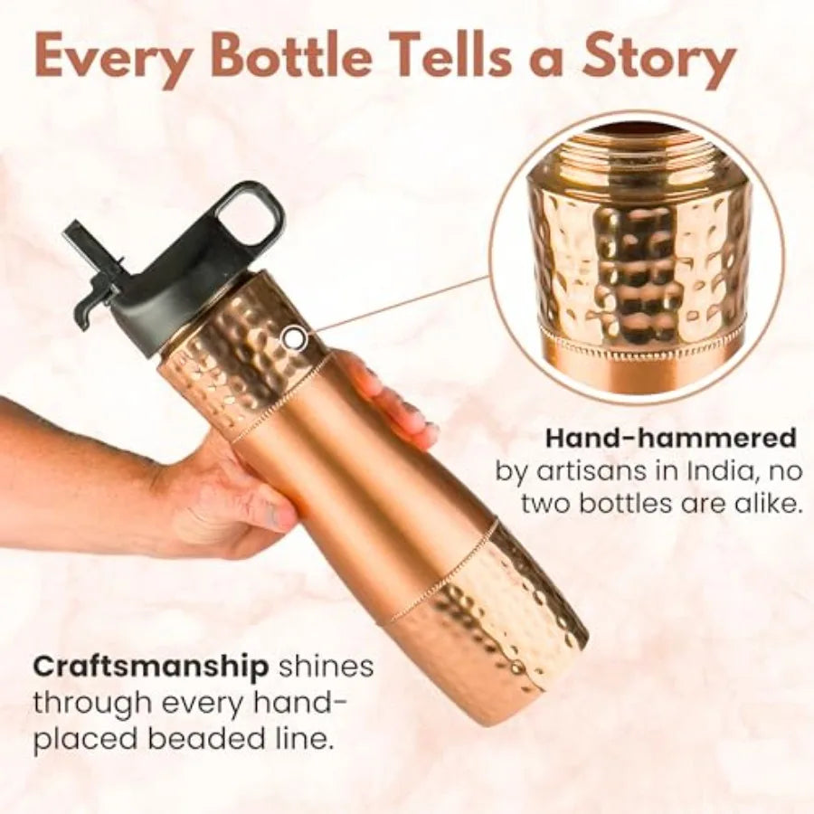 Pure Copper Water Bottle For Drinking Water with Straw and Sports Lid 33.5oz/ 950ml Ayurveda Copper Bottle for Ayurvedic Health