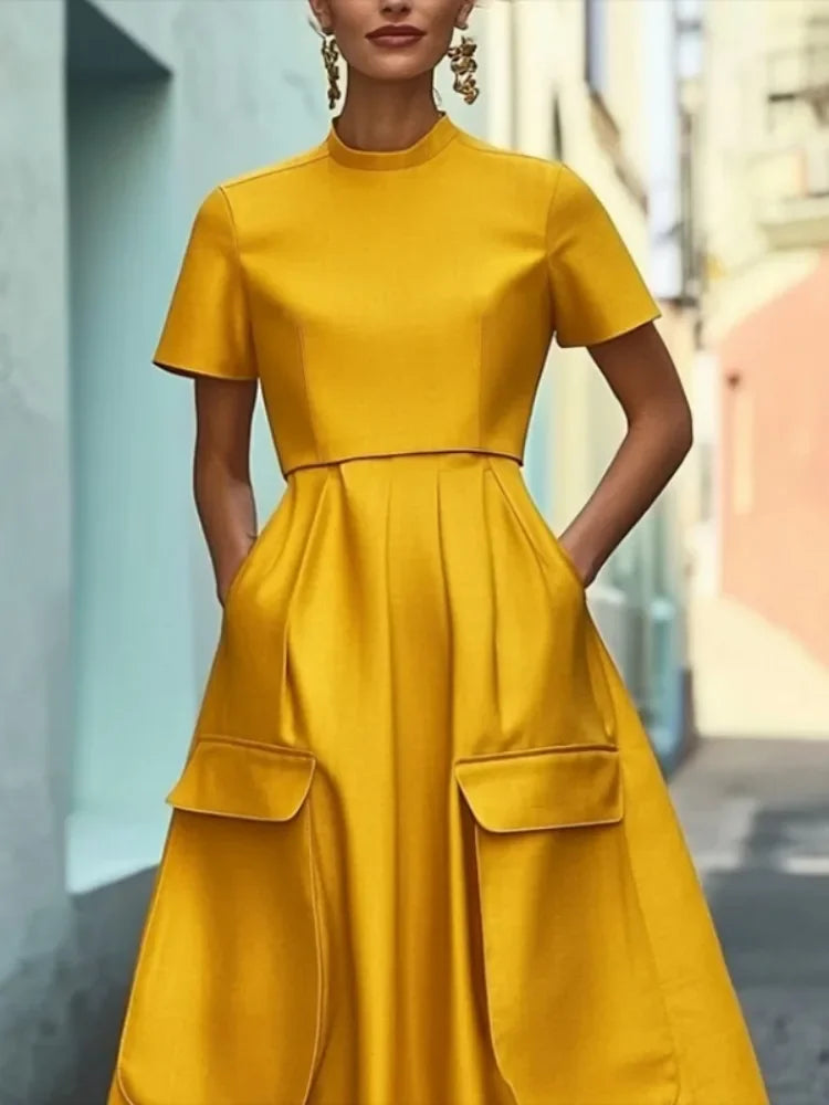 Elegant Yellow Pleated Woman Summer Dress 2025 New Summer Fashion Pockets Female Vestidos Casual High Waist Lady Robe