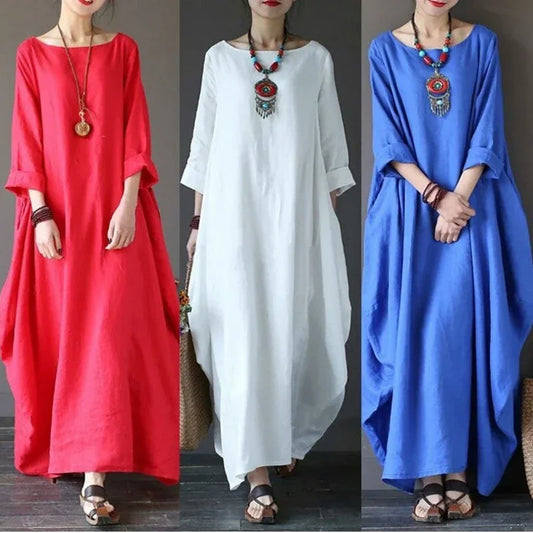 Women Dress Long Sleeves Loose Cotton Long Dresses For Women White Black Red Vintage Casual Cotton Dresses 2025 New