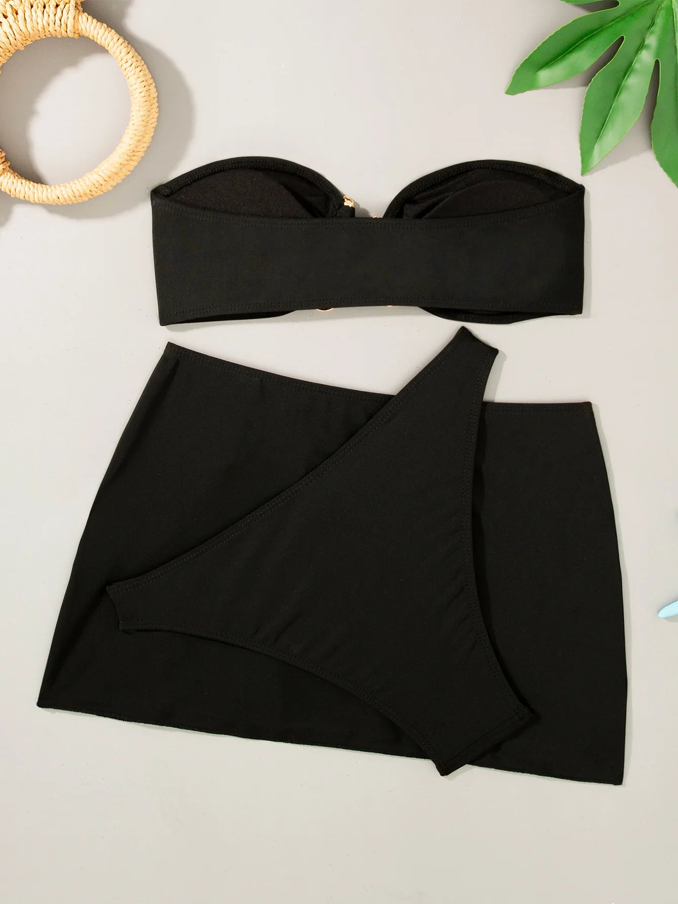 Sexy Solid Strapless Bikini 3 Piece Set Women Metal Split Swimsuit High Waist Beach Skirt 2025 New Summer Swimwear Bikini Set