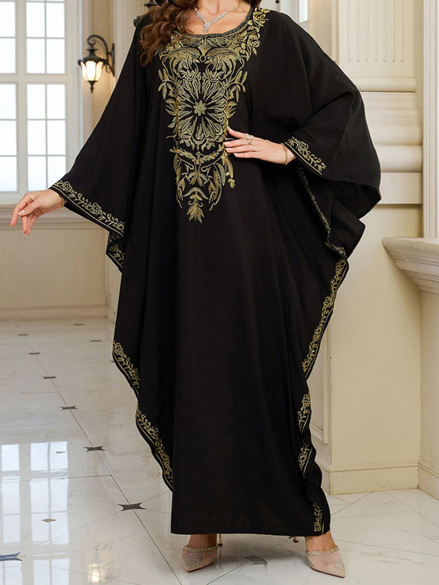 Women s Long Sleeve Floral Embroidered Beach Cover Up Dress with Round Neckline and Loose Fit for Arabic Style Beachwear
