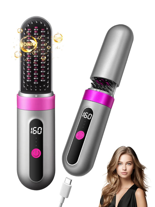 Cordless Hair Straightener Brush with 3 Temperature Settings, Fast Heating Lonic Anti-Frizz Hair Straightening Comb, 4000mAh Type-C Rechargeable Travel Hair Styling Tool