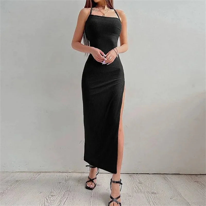 Sexy Black Long Bodycon Dress Women Summer Sleeveless Backless Halter Neck Spaghetti Strap Dresses High Split Vestidos