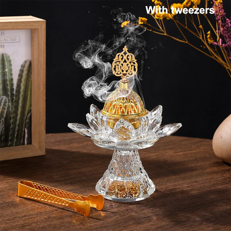 Gold Bright Diamond Lotus Crystal Glass Incense Burner Middle East Aromatherapy Living Room Decoration Arabic Glass Incense Burn
