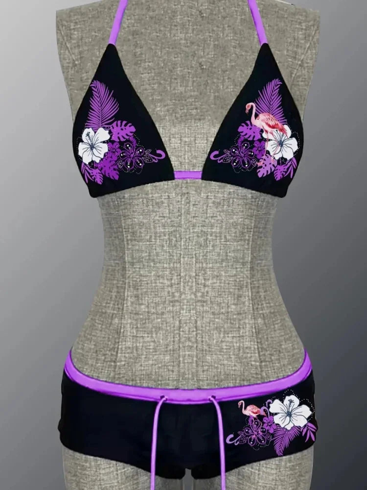 Sexy Hottie Print Laced Up Backless Bikini 2 Piece Set Women Split Swimsuit Beach Bikini 2025 New Summer Swimwear Bikinis Set