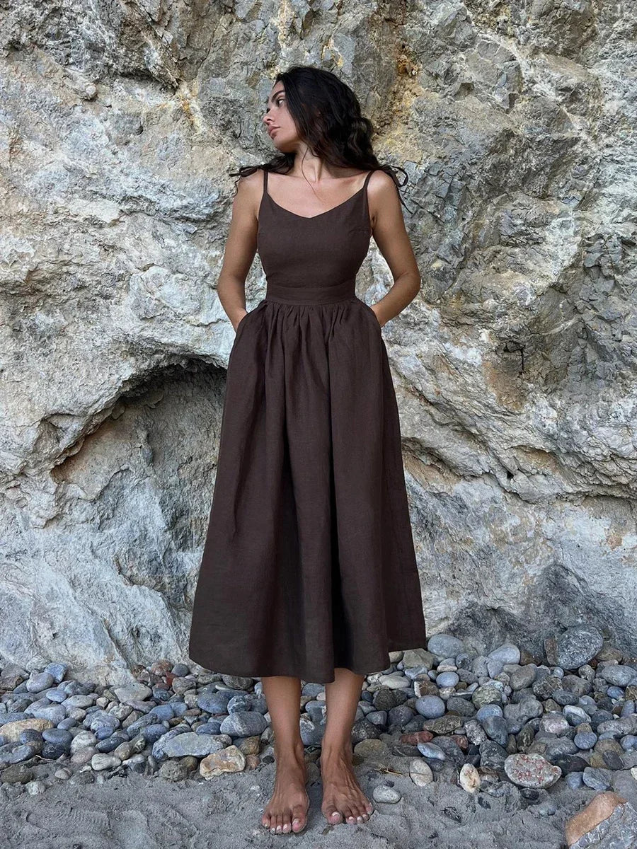 Spring Summer Beach Style Women Dress Vintage Loose A-line Sling Dress Sexy Hot Girl 100% Cotton V-neck Dress