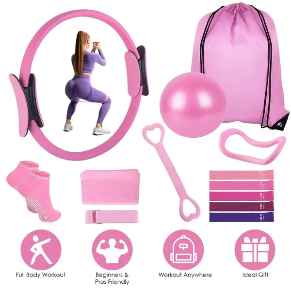 14Pcs Pilates Ring Essentials-Kit For Women With Yoga Ball Arm Stretcher 5 Resistant Bands-Figure 8 Resistant Band Elastic Band Non-slip Socks Yoga Strap
