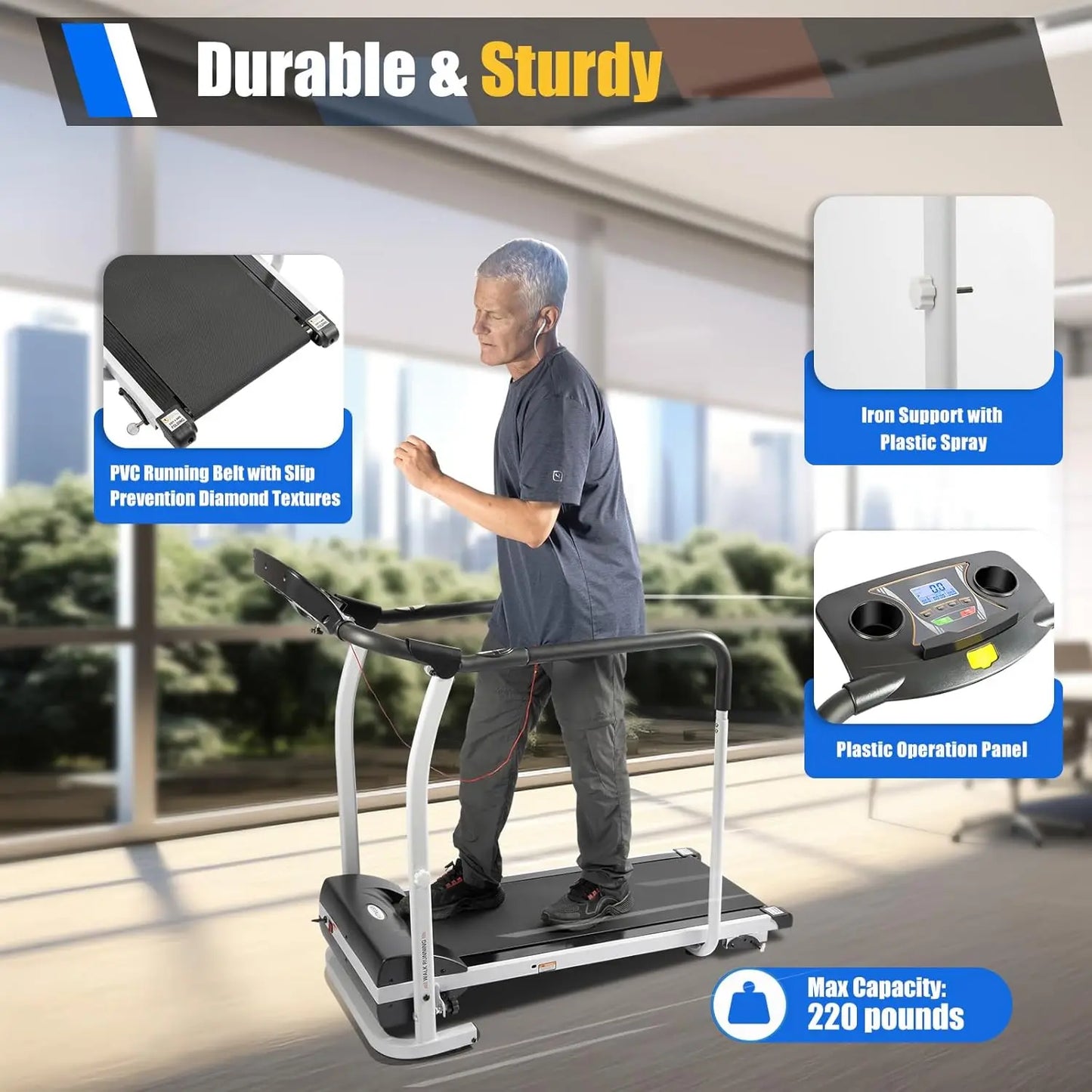 Walking Treadmill for Seniors – Home Treadmill with Handrails & Heart Rate Sensor, Low-Impact Fitness Machine for Recovery