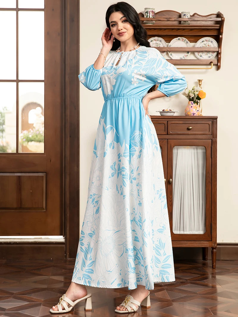 2025 Spring New Arrival: Sweet Floral Print Long Dress - Color-Block Design, Puff Sleeves, Pockets For Spring