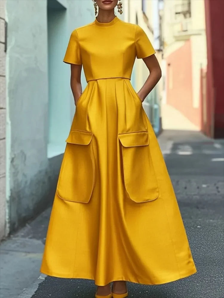 Elegant Yellow Pleated Woman Summer Dress 2025 New Summer Fashion Pockets Female Vestidos Casual High Waist Lady Robe
