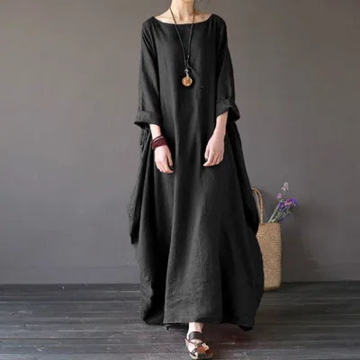 Women Dress Long Sleeves Loose Cotton Long Dresses For Women White Black Red Vintage Casual Cotton Dresses 2025 New