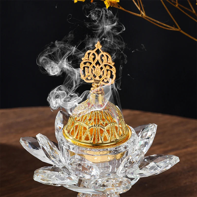 Gold Bright Diamond Lotus Crystal Glass Incense Burner Middle East Aromatherapy Living Room Decoration Arabic Glass Incense Burn