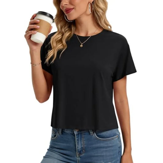 MAGCOMSEN Workout Crop Tops for Women Short Sleeve Cotton Athletic Yoga Top Loose Casual Crewneck Cropped T Shirts