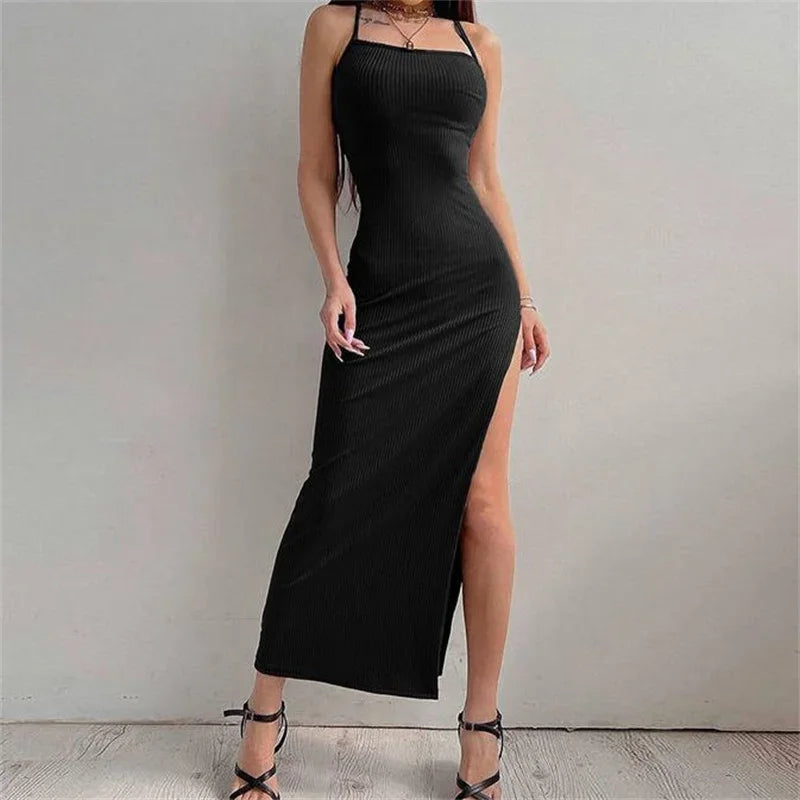 Sexy Black Long Bodycon Dress Women Summer Sleeveless Backless Halter Neck Spaghetti Strap Dresses High Split Vestidos