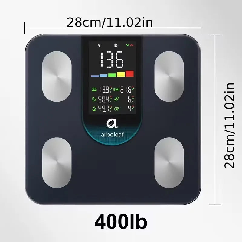 Arboleaf Smart Body Fat Scale, 4-Electrode BIA Digital Bathroom Weight Scale, 14 Body Metrics, 7-in-1 Display, APP Sync, 11×11 Inch