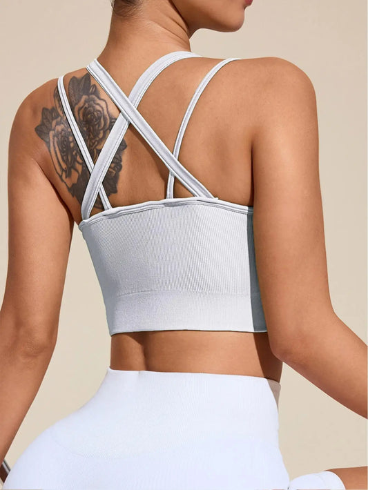 Sports Bras for Women High Support Ribbed Strappy Running Sports Bra Criss Cross Back Workout Bra Padded