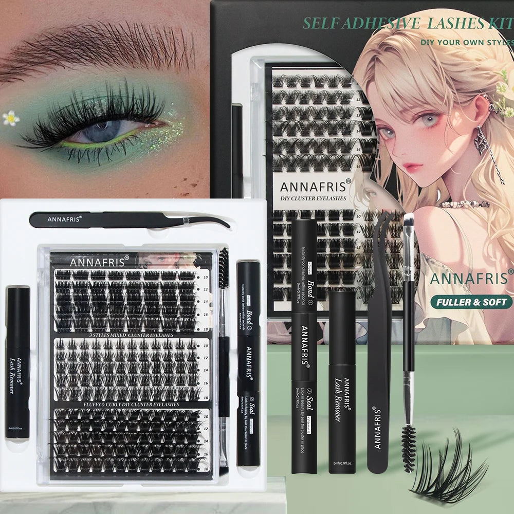 ANNAFRIS DIY Segmented Cluster Lashes Extensions Kit With Bond&Seal Remover Tweezers Individual Lashes Set