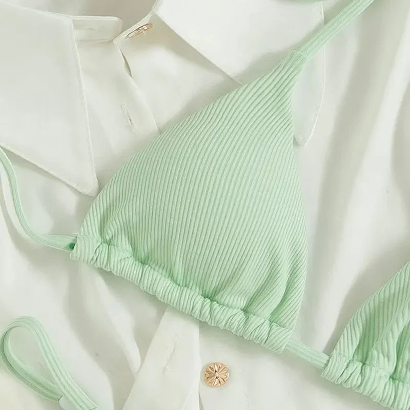 2025 Special Pit Stripe Fabric Bikini Set Women Sexy Simple Solid Halter Bikini Swimsuit High Waisted Lace Up Beach Bathing Suit