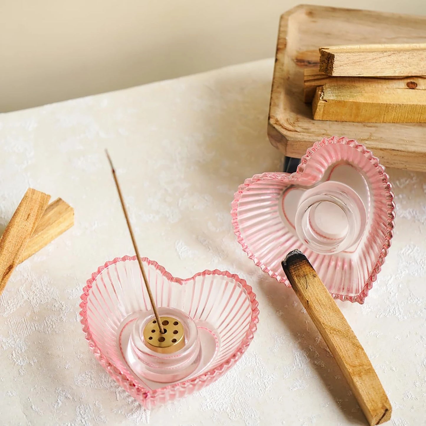 Glass Palo Santo Holder Incense Holder Heart Shaped Incense Burner with Ash Catcher Incense Stick Holder for Meditation Yoga SPA