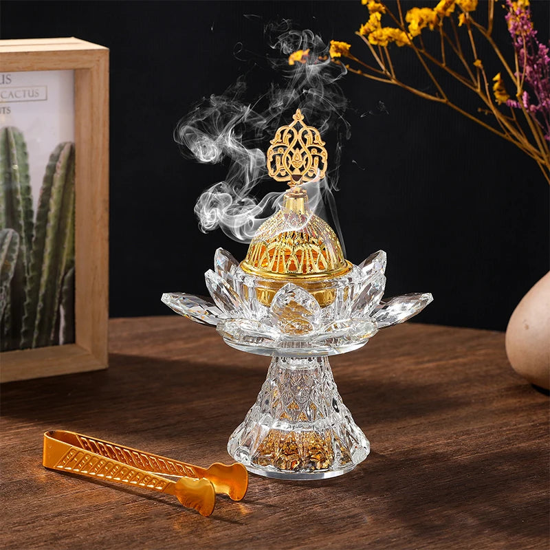 Gold Bright Diamond Lotus Crystal Glass Incense Burner Middle East Aromatherapy Living Room Decoration Arabic Glass Incense Burn