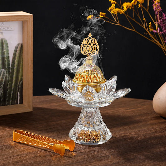 Gold Bright Diamond Lotus Crystal Glass Incense Burner Middle East Aromatherapy Living Room Decoration Arabic Glass Incense Burn