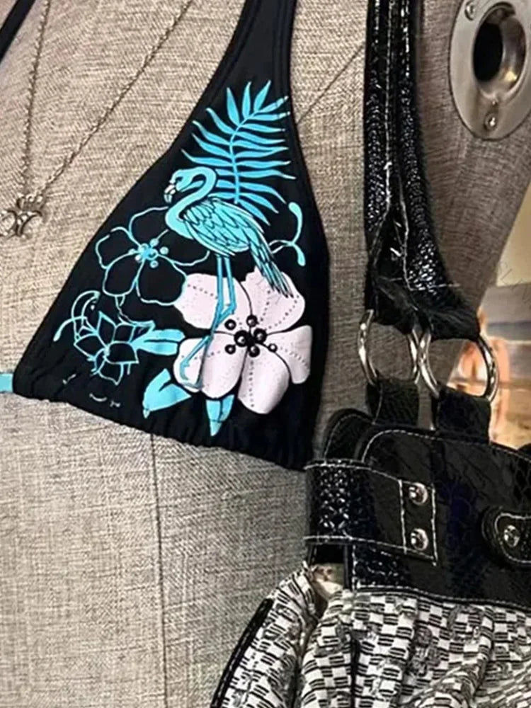 Sexy Hottie Print Laced Up Backless Bikini 2 Piece Set Women Split Swimsuit Beach Bikini 2025 New Summer Swimwear Bikinis Set