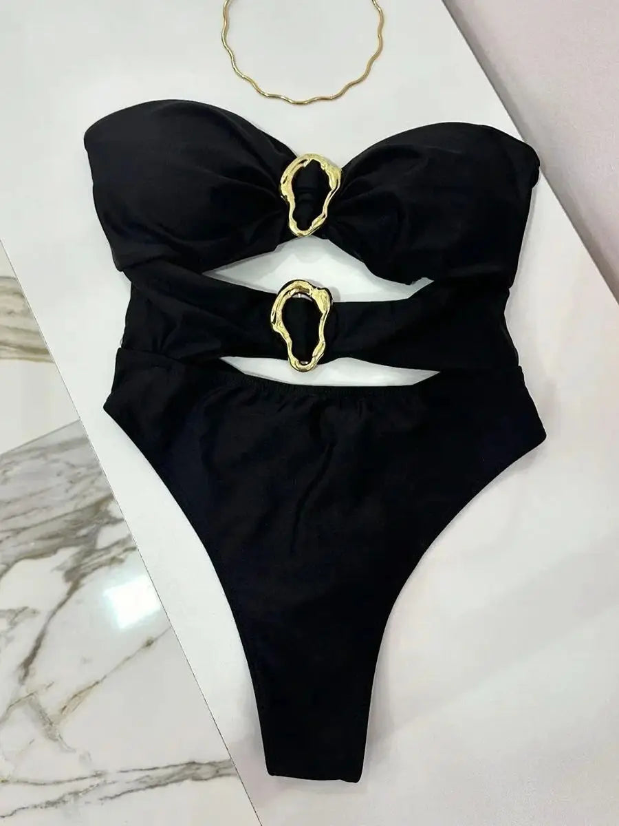 Sexy Metal Rings Cut Out Women Swimwear One Piece Swimsuit Female Bandeau High Leg Cut Bather Bathing Suit Swim B022D