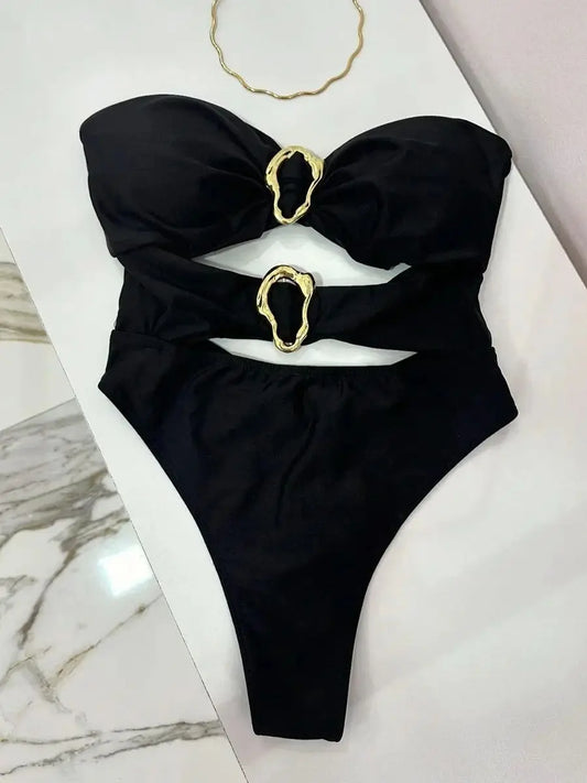 Sexy Metal Rings Cut Out Women Swimwear One Piece Swimsuit Female Bandeau High Leg Cut Bather Bathing Suit Swim B022D