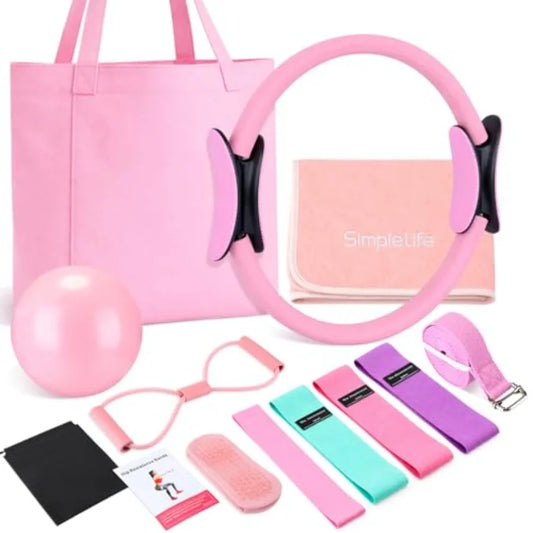 11 Pcs Pink Yoga Accessories Set for Women, Home Pilates Essential Kit for Workout Gym Lover Gifts with Yoga Mat Magic Circle T