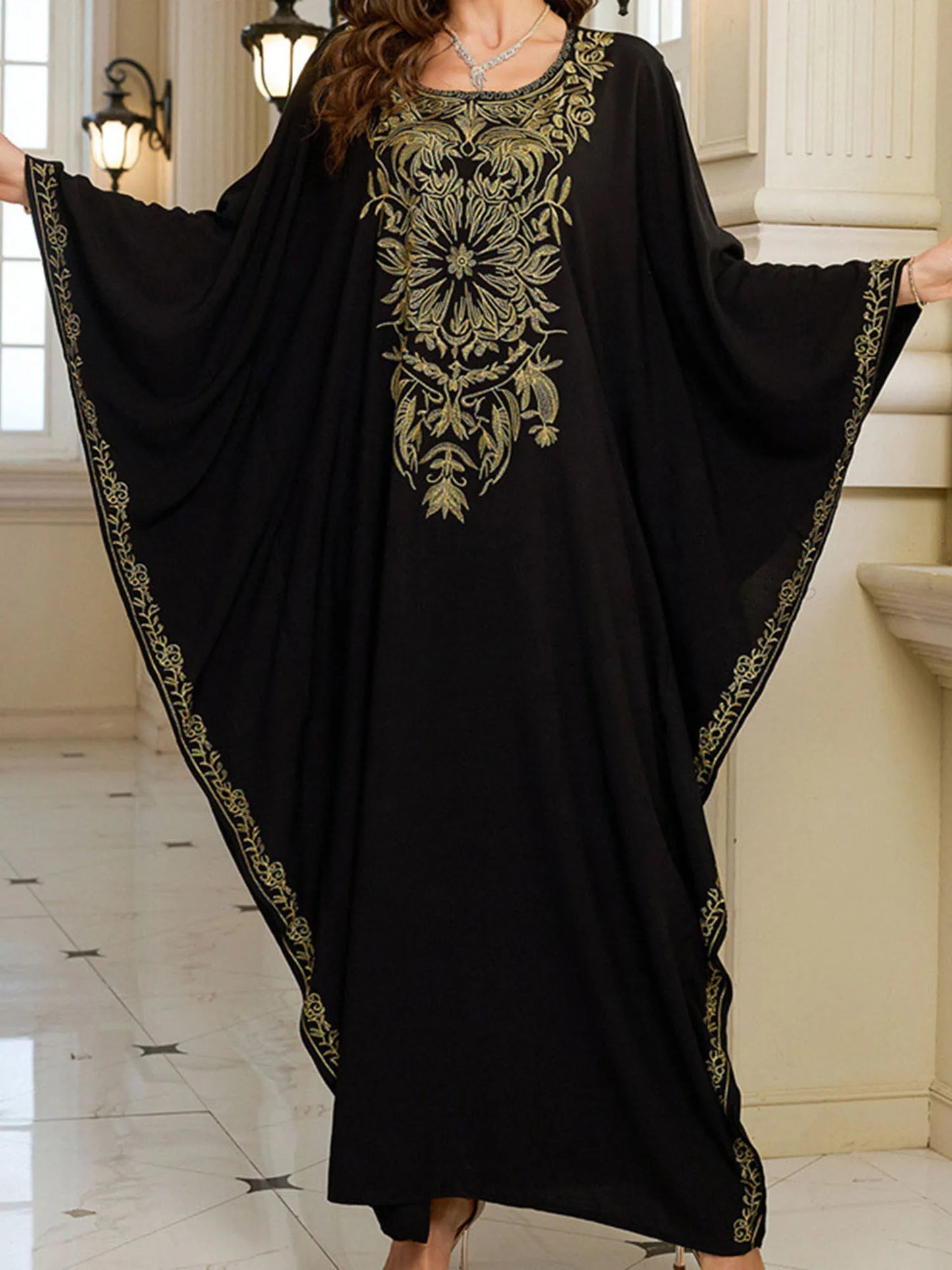 Women s Long Sleeve Floral Embroidered Beach Cover Up Dress with Round Neckline and Loose Fit for Arabic Style Beachwear