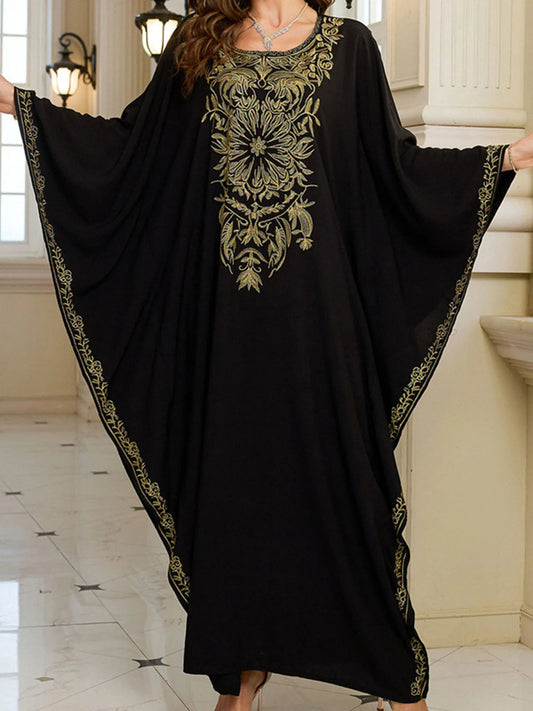 Women s Long Sleeve Floral Embroidered Beach Cover Up Dress with Round Neckline and Loose Fit for Arabic Style Beachwear
