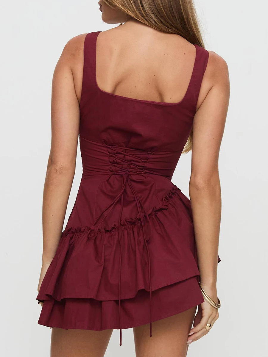 Elegant V-Neck Sleeveless Pleated Tie-Waist Solid Color A-Line Dress Women s Backless Summer Mini Slip Dress