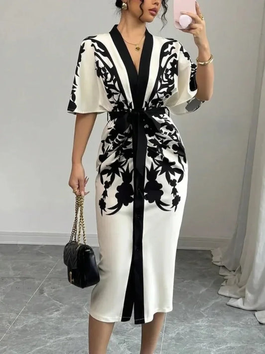 Office Ladies Office A-line Dress 2025 New Summer Half Sleeves Flower Print Printed Tied Waist V-Neck Women's Midi Dresses