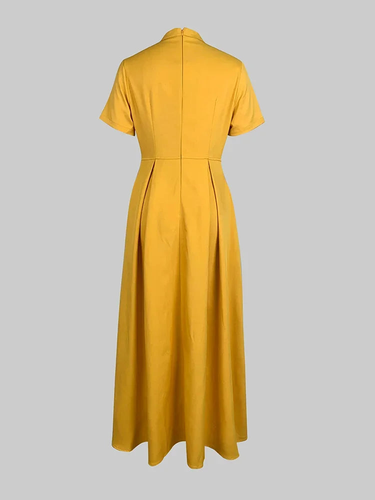 Elegant Yellow Pleated Woman Summer Dress 2025 New Summer Fashion Pockets Female Vestidos Casual High Waist Lady Robe
