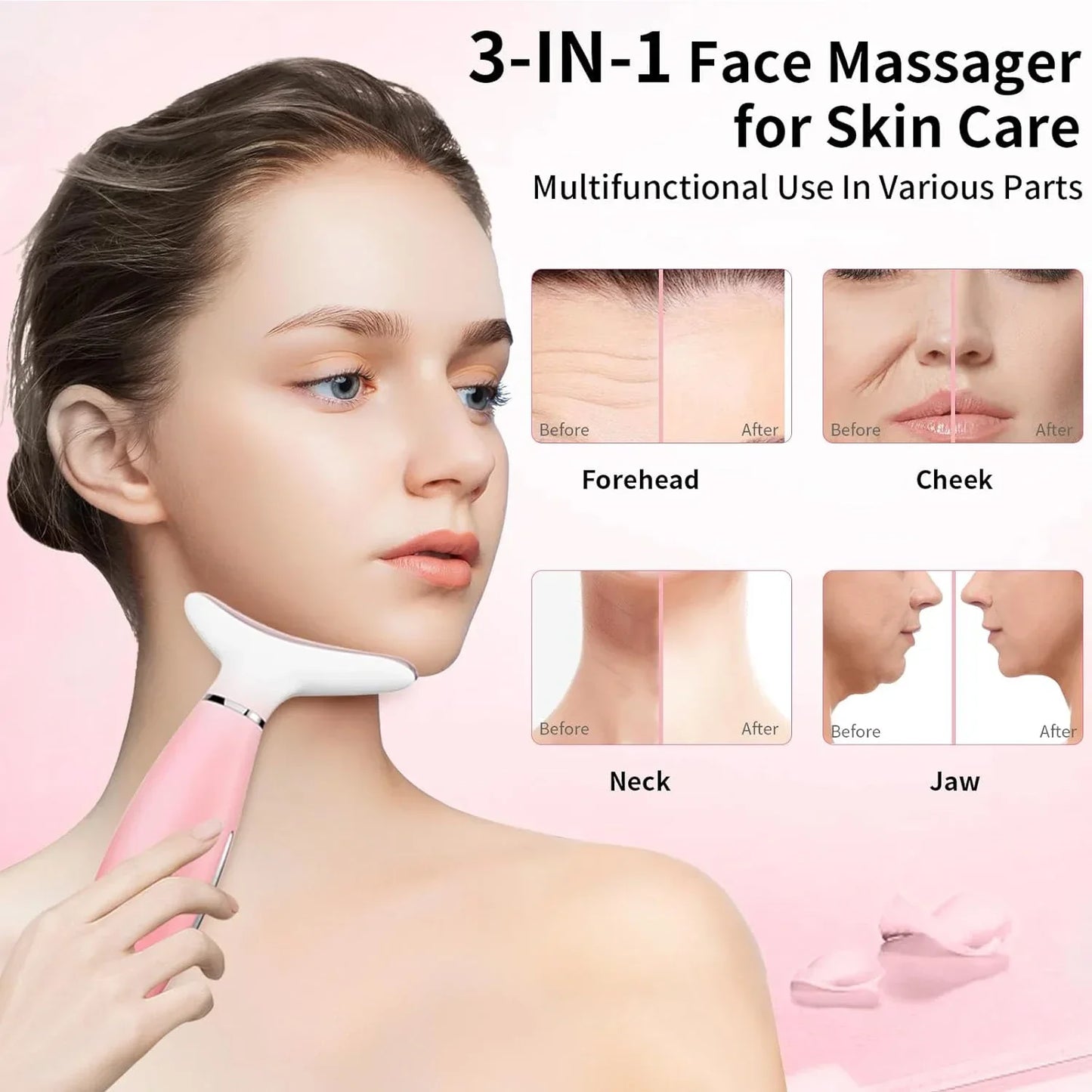 Neck Massager Facial Lift Three Light Modes Electric Skin Tightening Device LED Beauty Instrument Pink