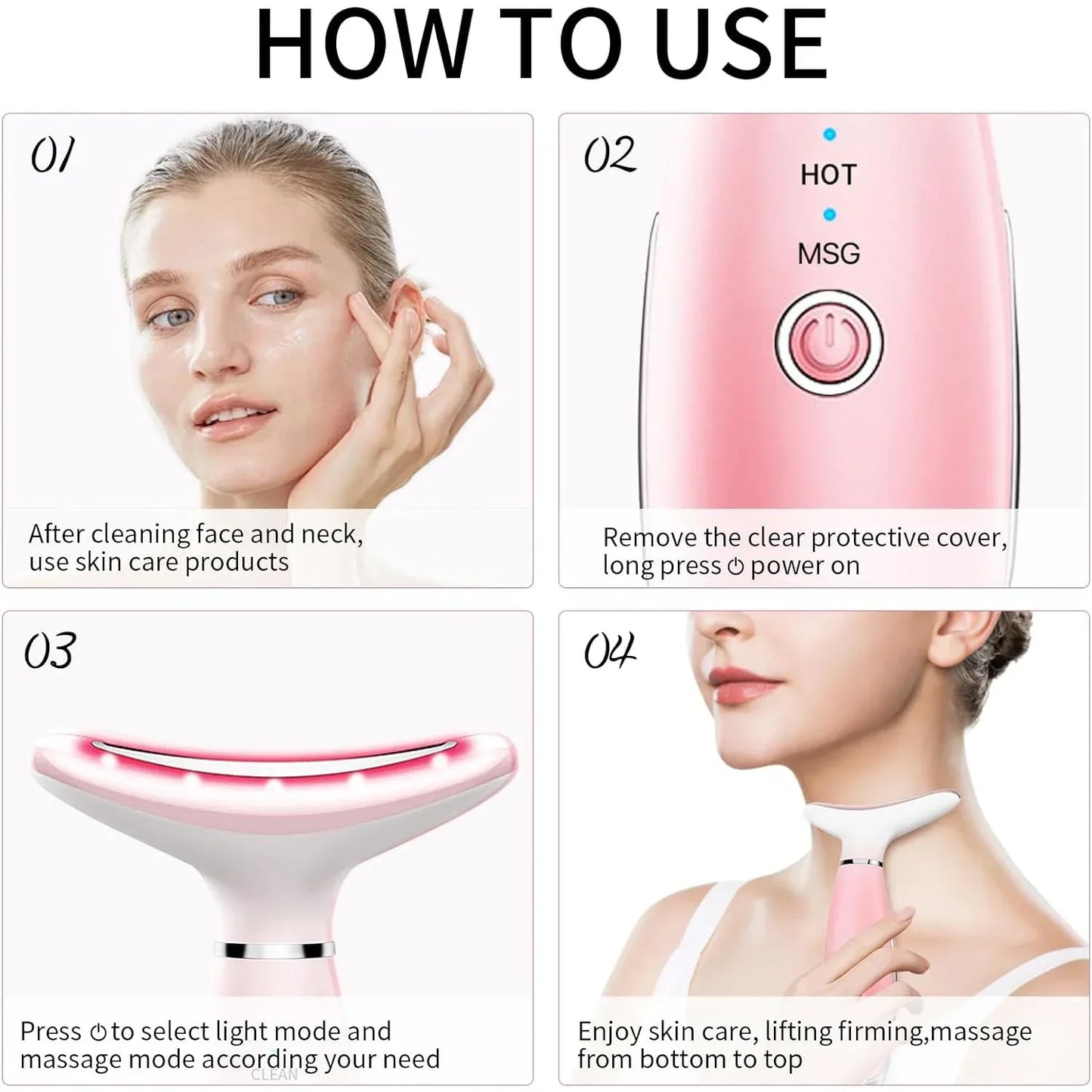 Neck Massager Facial Lift Three Light Modes Electric Skin Tightening Device LED Beauty Instrument Pink