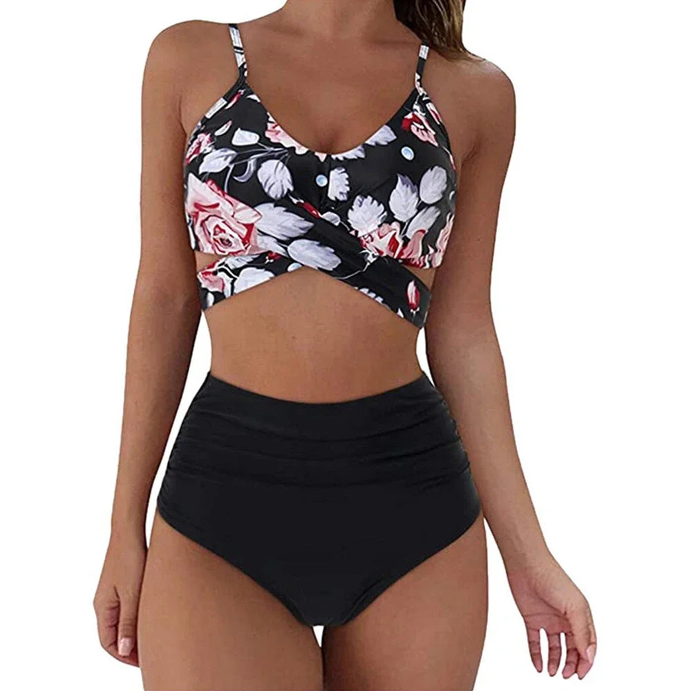 Hot 12 Colors Women Slim Bikini Sets High Waisted Sexy Swimwear 2 Pieces 2025 Solid/Floral Ruched Brazilian Swimsuit Cross Front