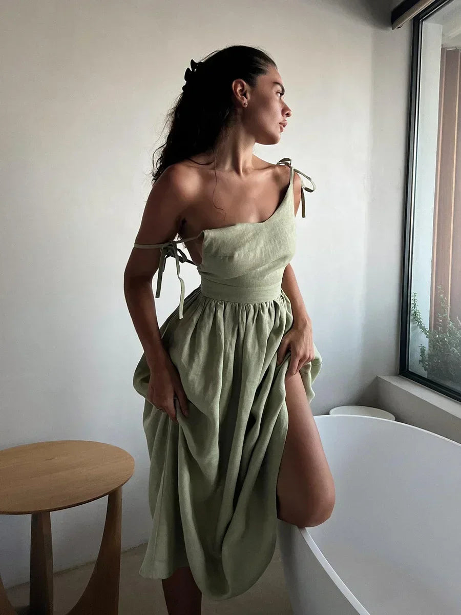 Spring Summer Beach Style Women Dress Vintage Loose A-line Sling Dress Sexy Hot Girl 100% Cotton V-neck Dress