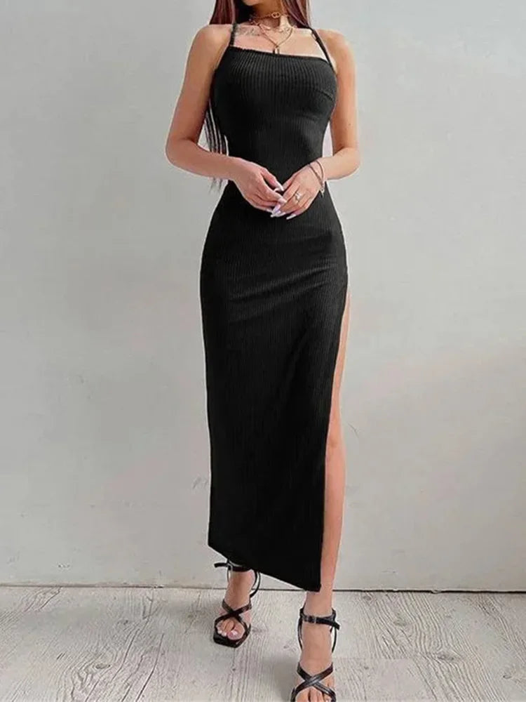 Sexy Black Long Bodycon Dress Women Summer Sleeveless Backless Halter Neck Spaghetti Strap Dresses High Split Vestidos