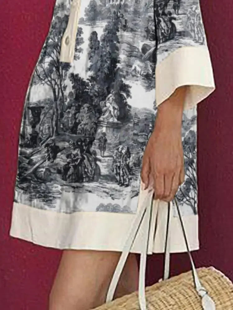 2025 Spring Summer Women Vintage Printed Party Evening Mini Dresses Long Sleeves Loose Lapel Short Shirts Dress