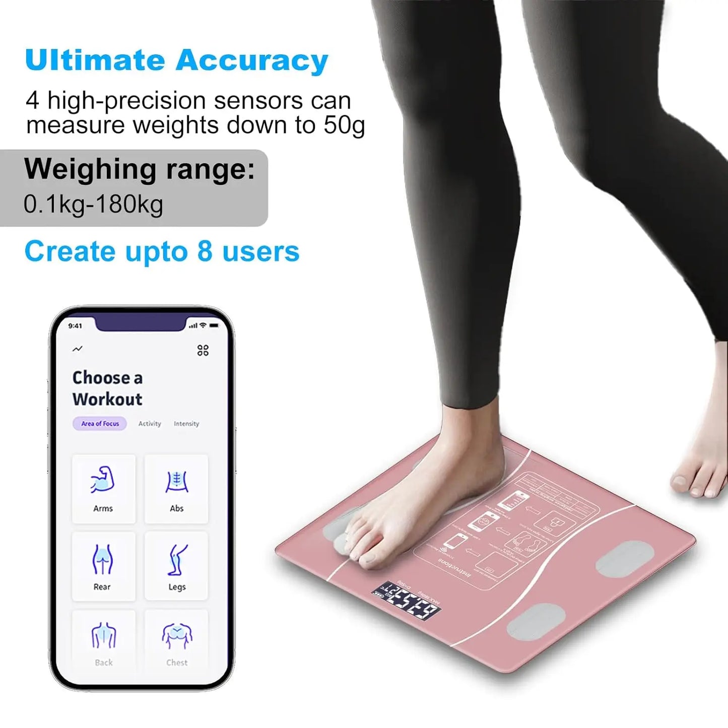 Digital Body Fat Scale with Bluetooth, Smart Bathroom Scale for BMI and Muscle Mass Tracking, 400lbs Capacity, Pink