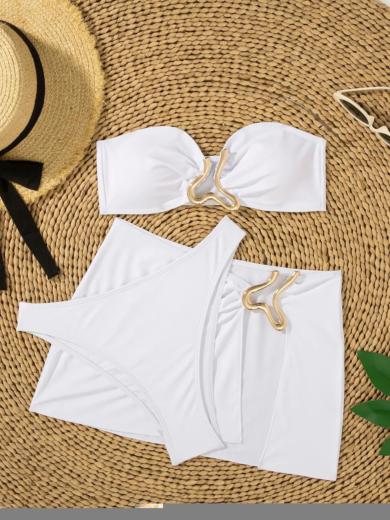 Sexy Solid Strapless Bikini 3 Piece Set Women Metal Split Swimsuit High Waist Beach Skirt 2025 New Summer Swimwear Bikini Set