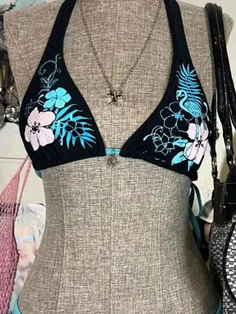 Sexy Hottie Print Laced Up Backless Bikini 2 Piece Set Women Split Swimsuit Beach Bikini 2025 New Summer Swimwear Bikinis Set