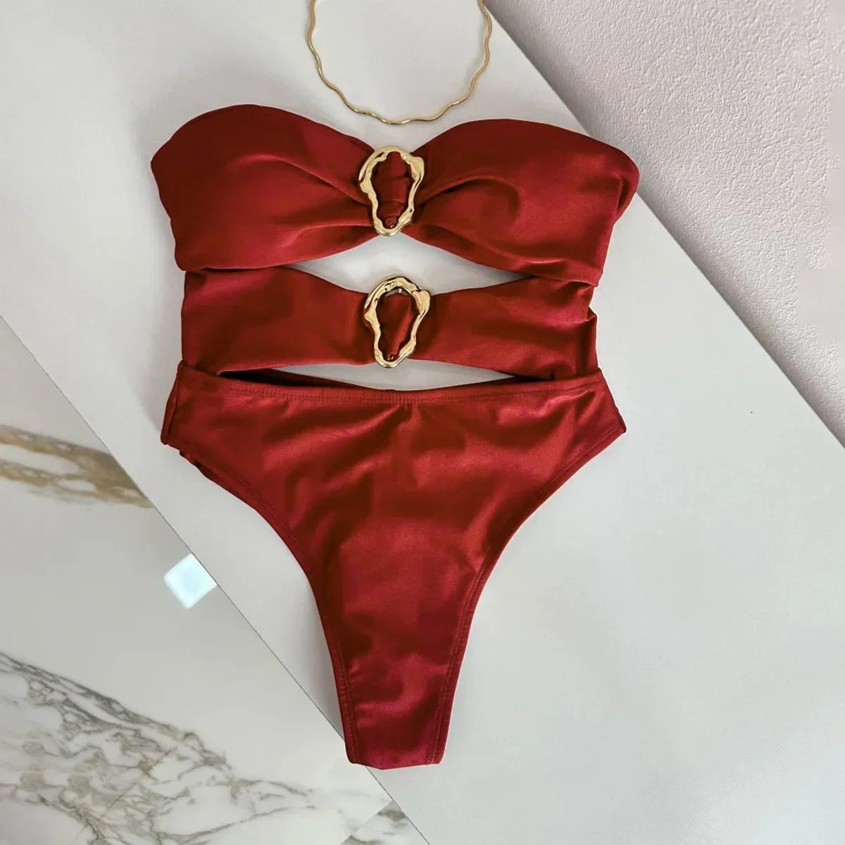 Sexy Metal Rings Cut Out Women Swimwear One Piece Swimsuit Female Bandeau High Leg Cut Bather Bathing Suit Swim B022D