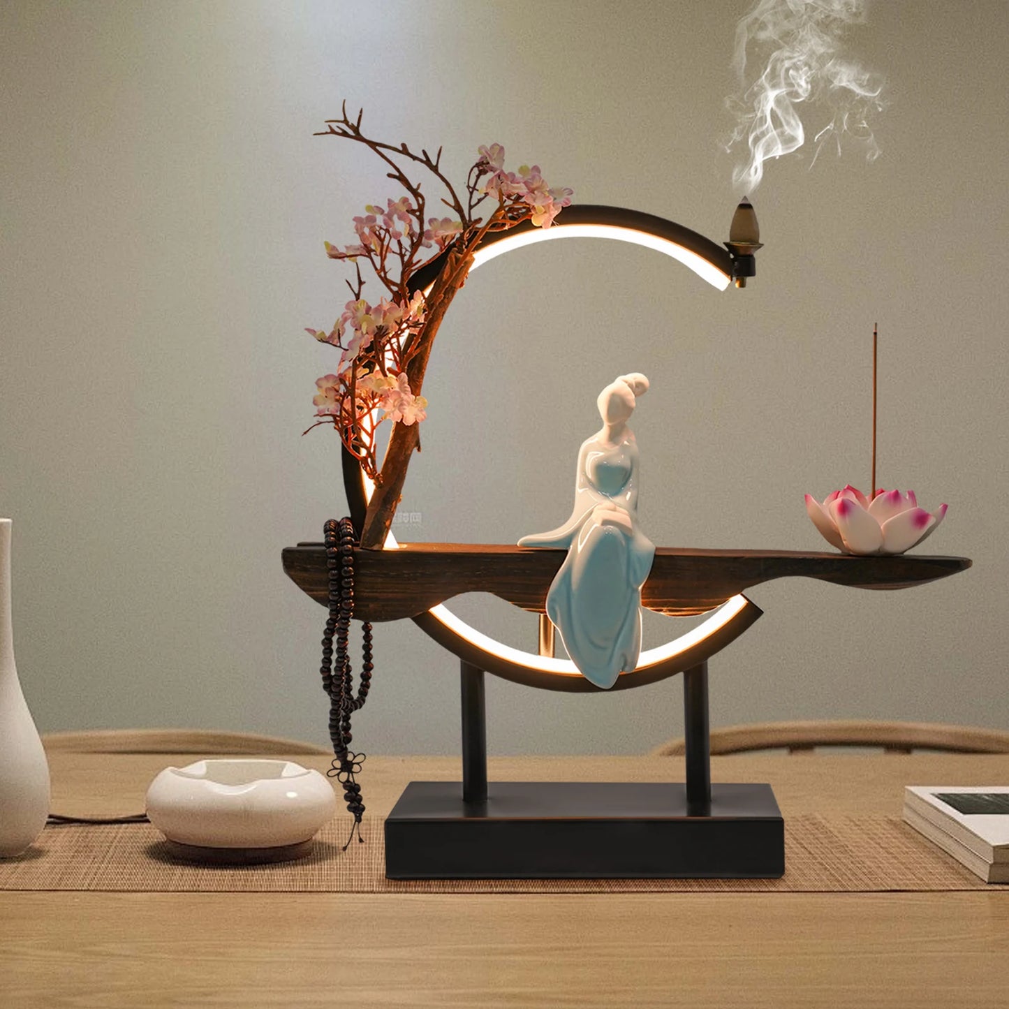 Backflow Incense Burner, Incense Cone Sticks Holder, Iron Decor Porcelain Freestanding 32*10*35cm for Home, Office