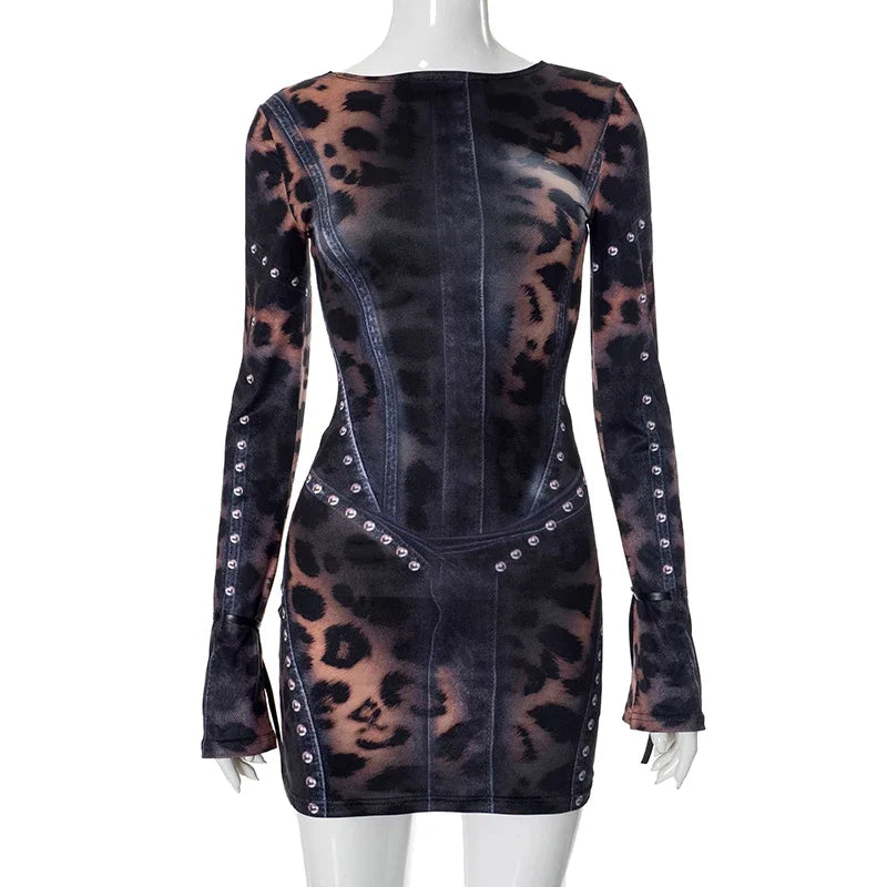 2025 Autumn And Winter New Women's Fashion Leopard Print Slim Flared Long-Sleeved Package Hip Short Skirt Dresses Y2K